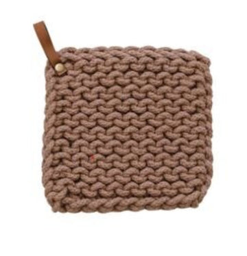Square Crocheted Pot Holder w/ Leather Strap
