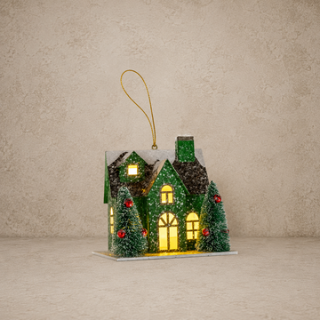 Green Lighted House Ornament
