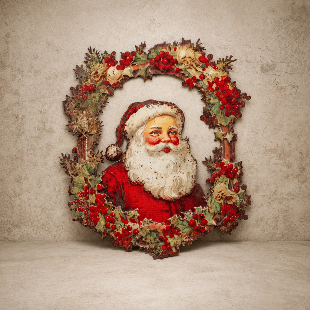 Santa In Wreath Metal Wall Plaque