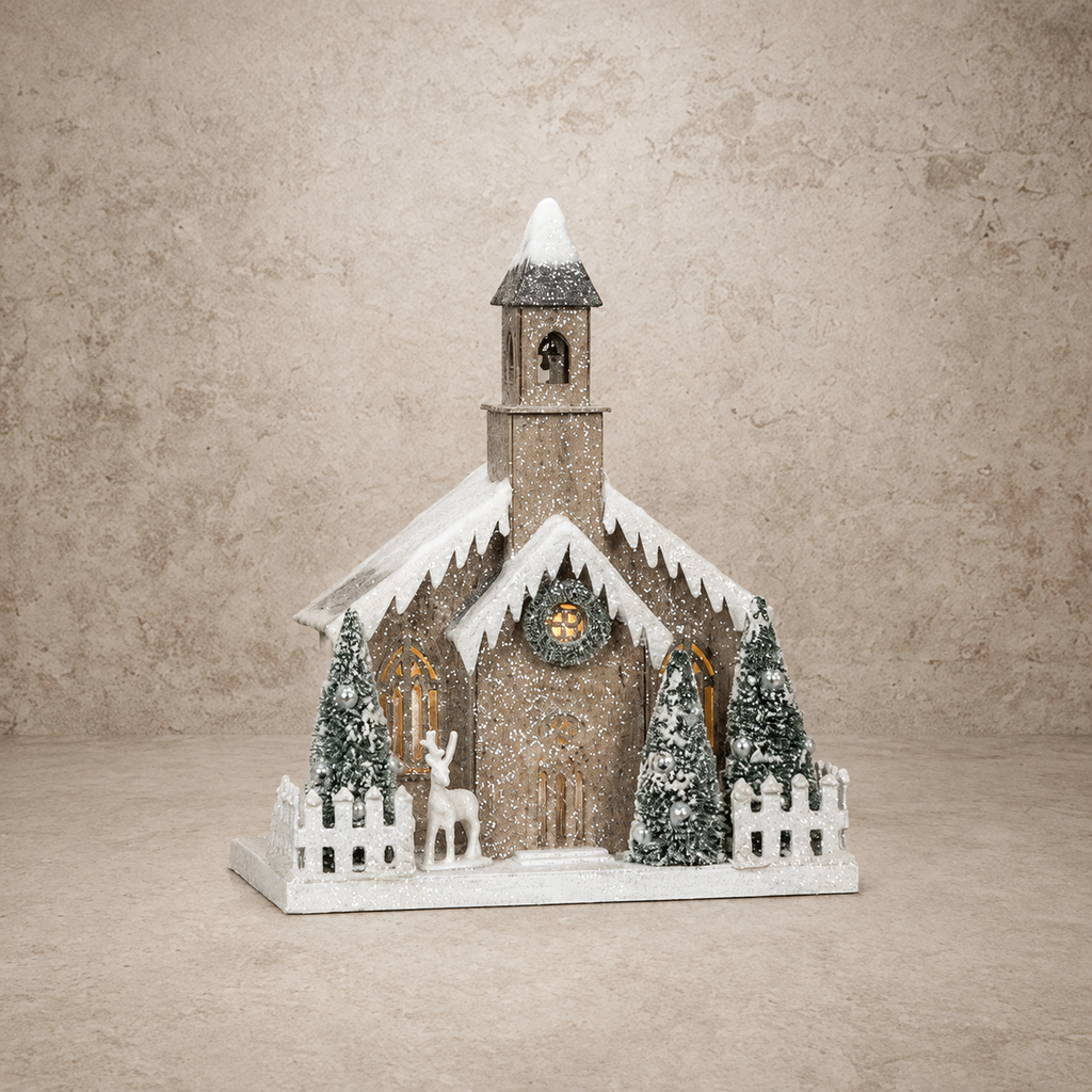 Lighted Snow Covered Church w/ Bell