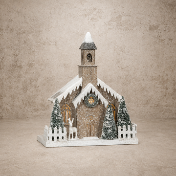 Lighted Snow Covered Church w/ Bell