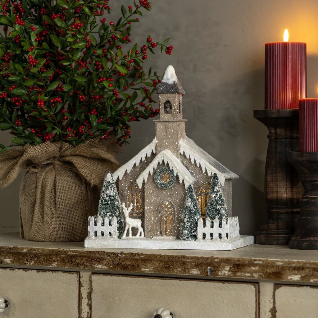 Lighted Snow Covered Church w/ Bell