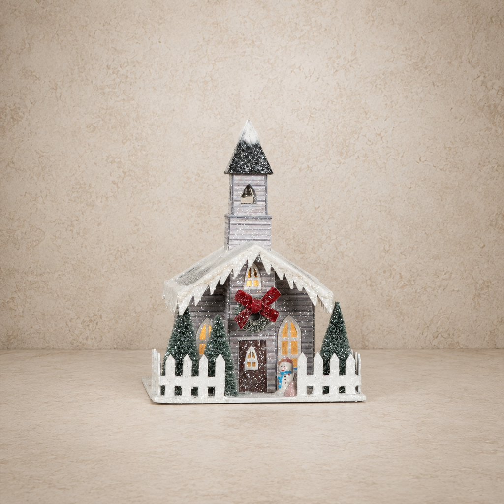 Lighted Grey Church w/ Red Bow