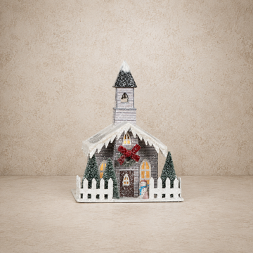 Lighted Grey Church w/ Red Bow