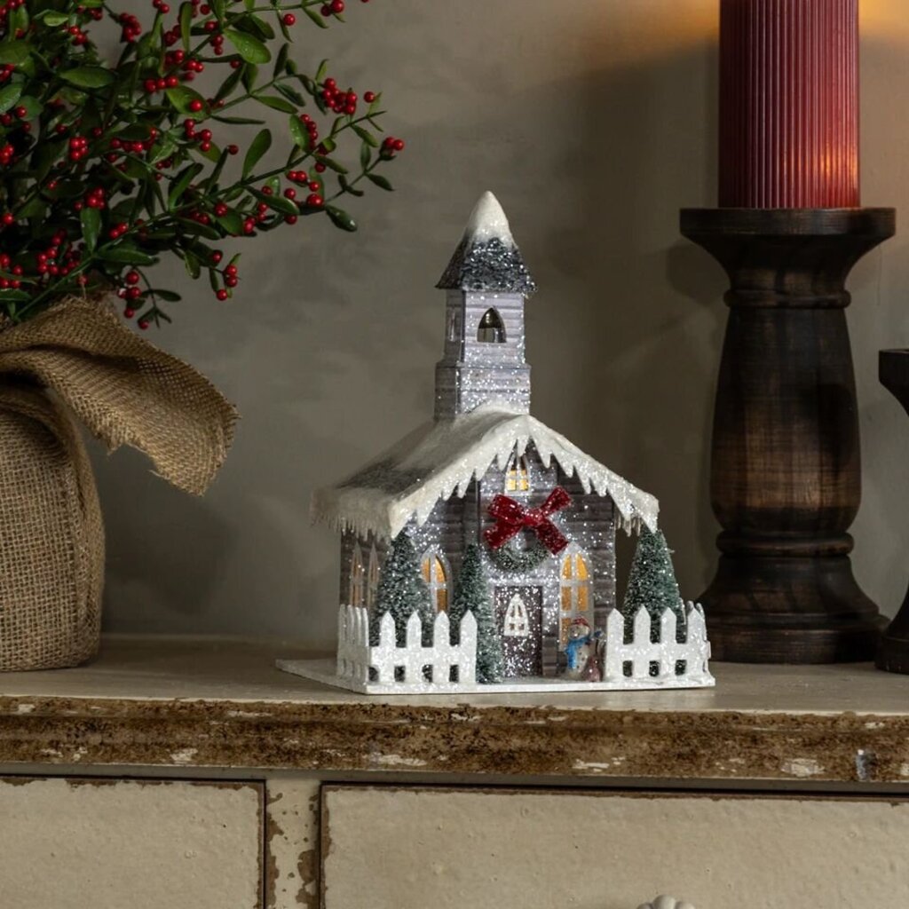 Lighted Grey Church w/ Red Bow
