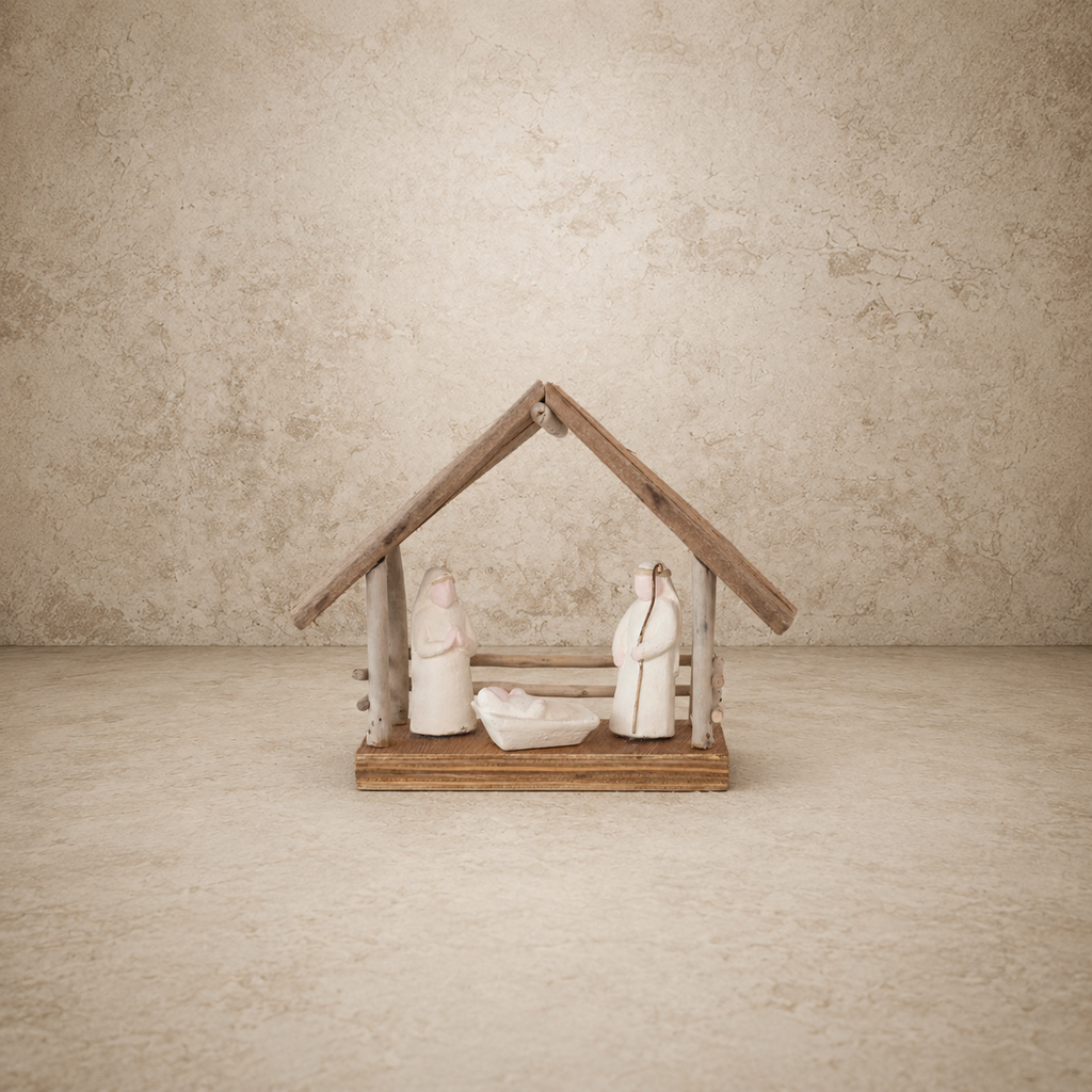 Handmade Driftwood & Paper Mache Nativity w/ Wood Base