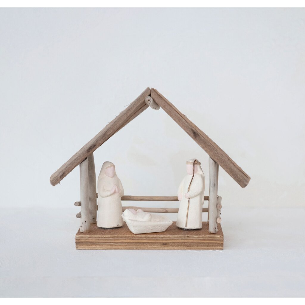 Handmade Driftwood & Paper Mache Nativity w/ Wood Base