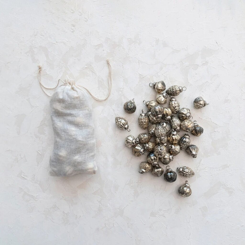 Silver Embossed Mercury Glass Ornaments in Muslin Bag