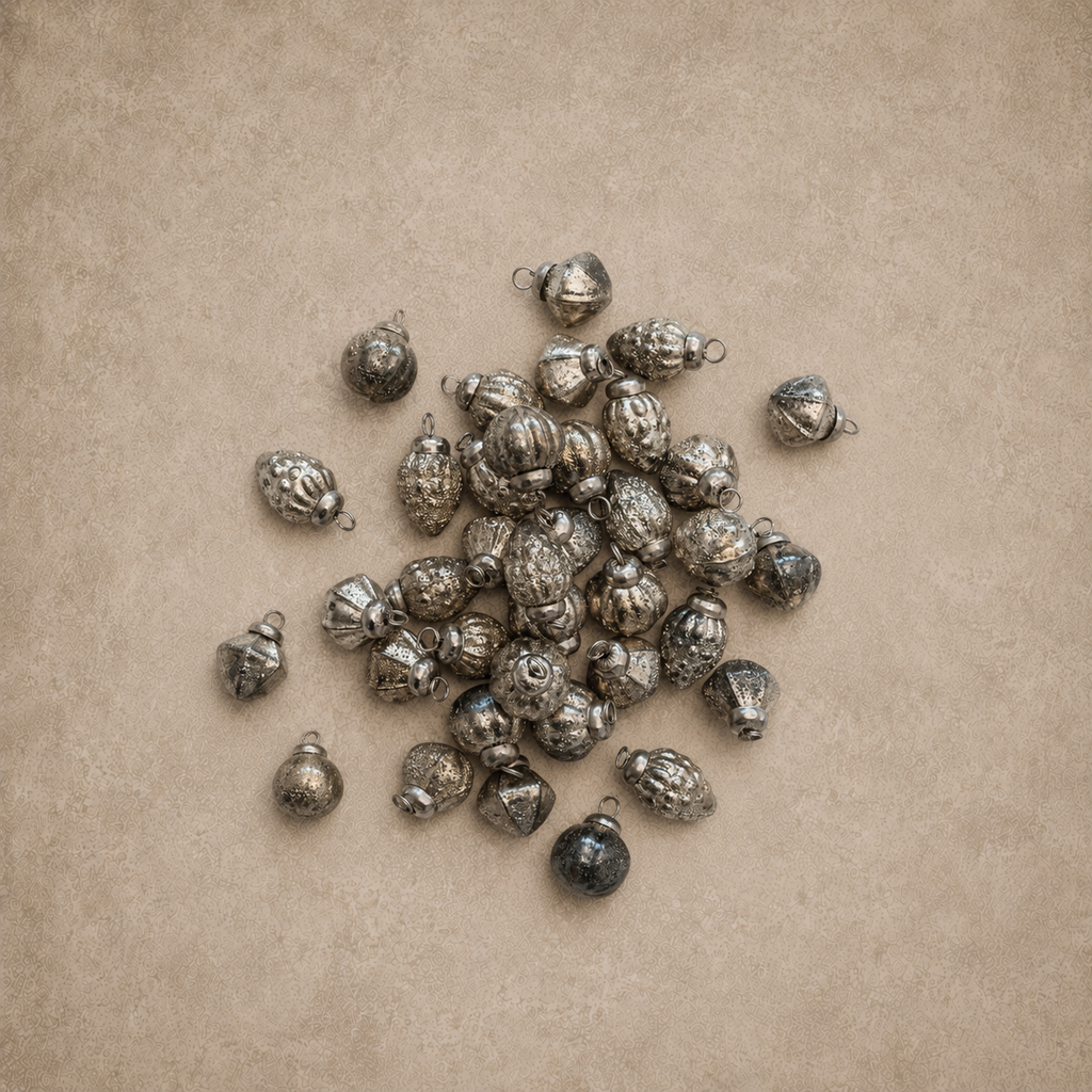 Silver Embossed Mercury Glass Ornaments in Muslin Bag