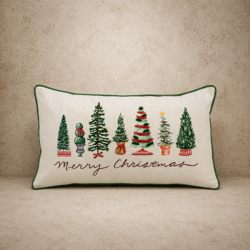 "Merry Christmas" Embroidered Tree Lumbar Pillow