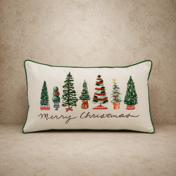 "Merry Christmas" Embroidered Tree Lumbar Pillow