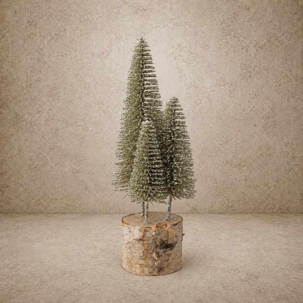 Wood Base Glitter Bottle Brush Trees