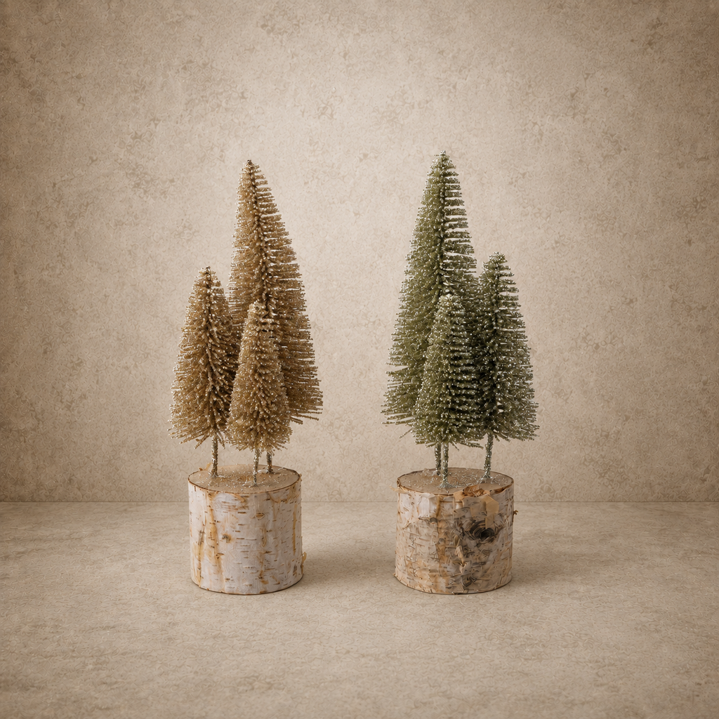 Wood Base Glitter Bottle Brush Trees