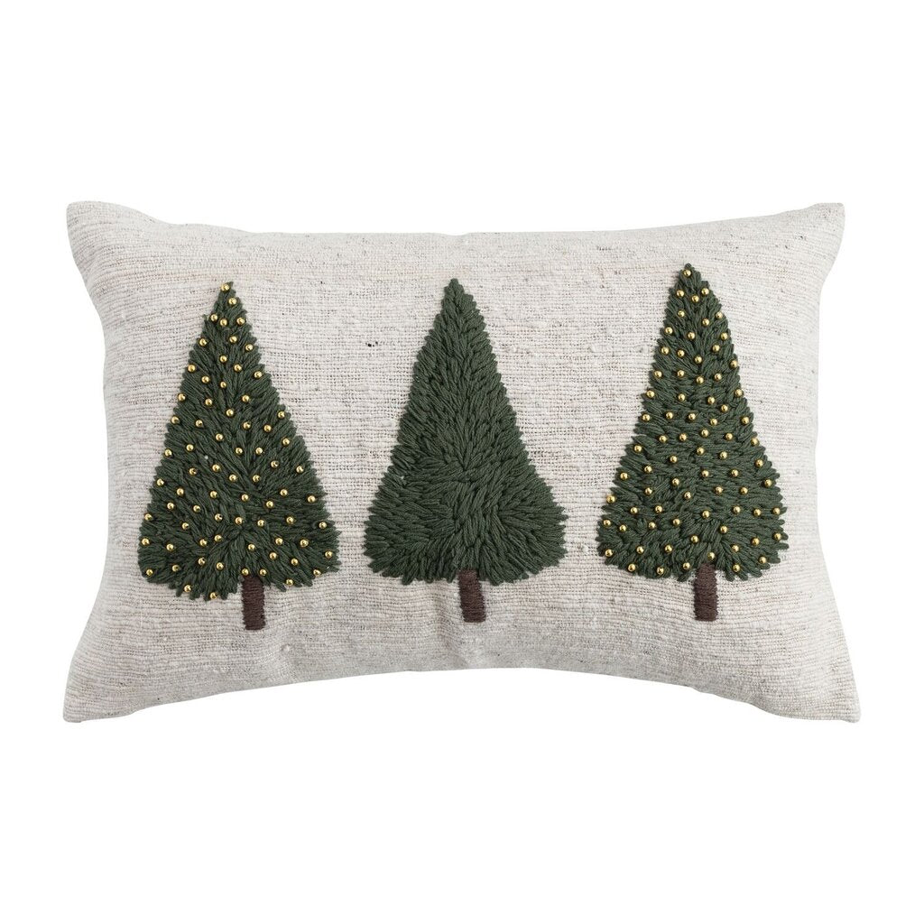Hand Woven & Wool Trees w/ Beads Lumbar Pillow