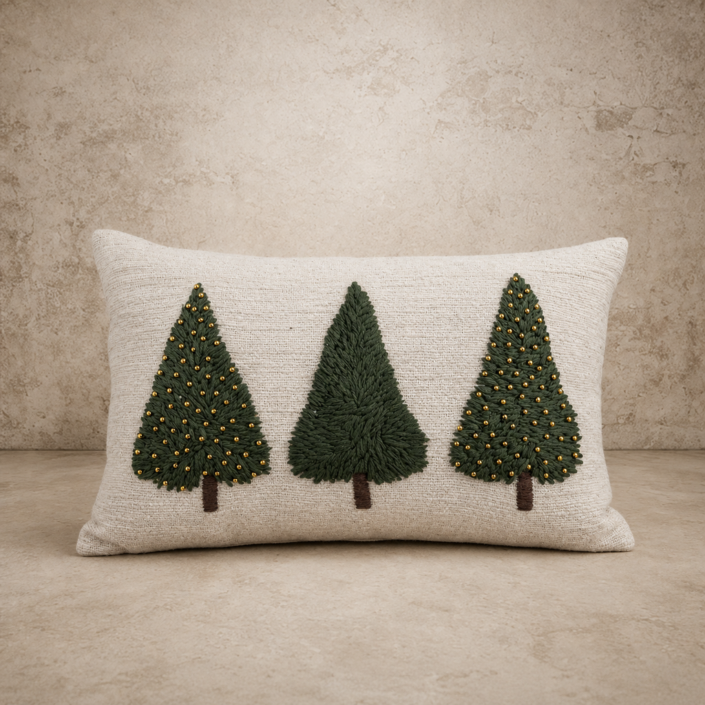 Hand Woven & Wool Trees w/ Beads Lumbar Pillow