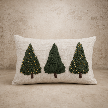 Hand Woven & Wool Trees w/ Beads Lumbar Pillow