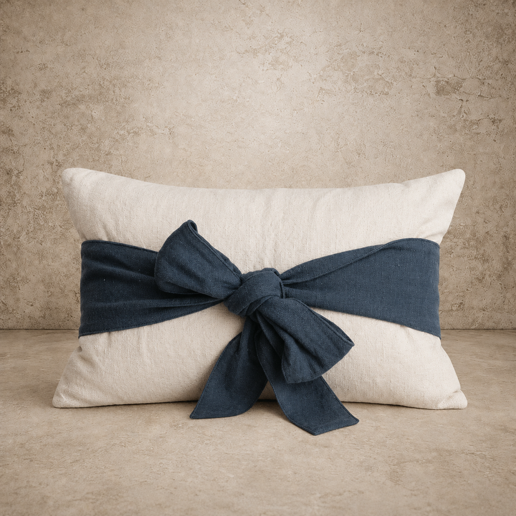 Woven Natural Pillow w/ Navy Bow