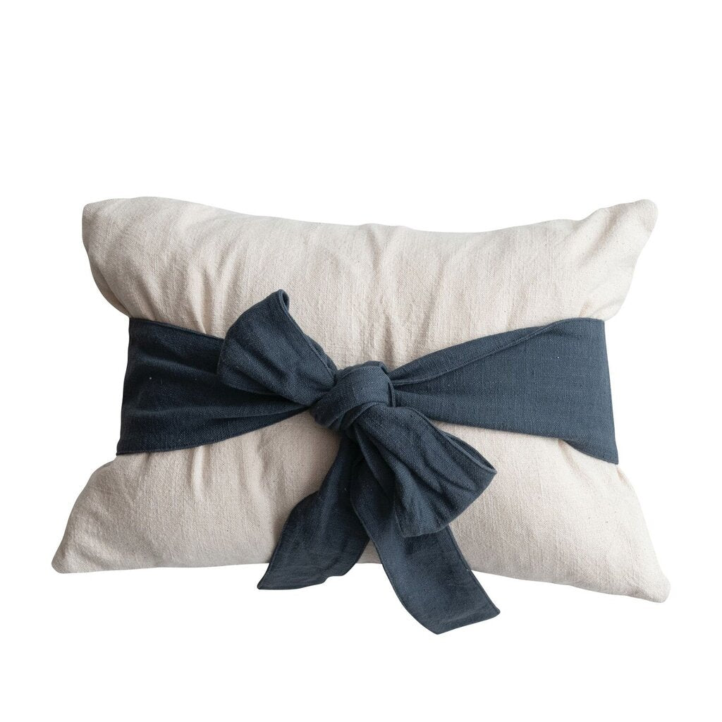 Woven Natural Pillow w/ Navy Bow