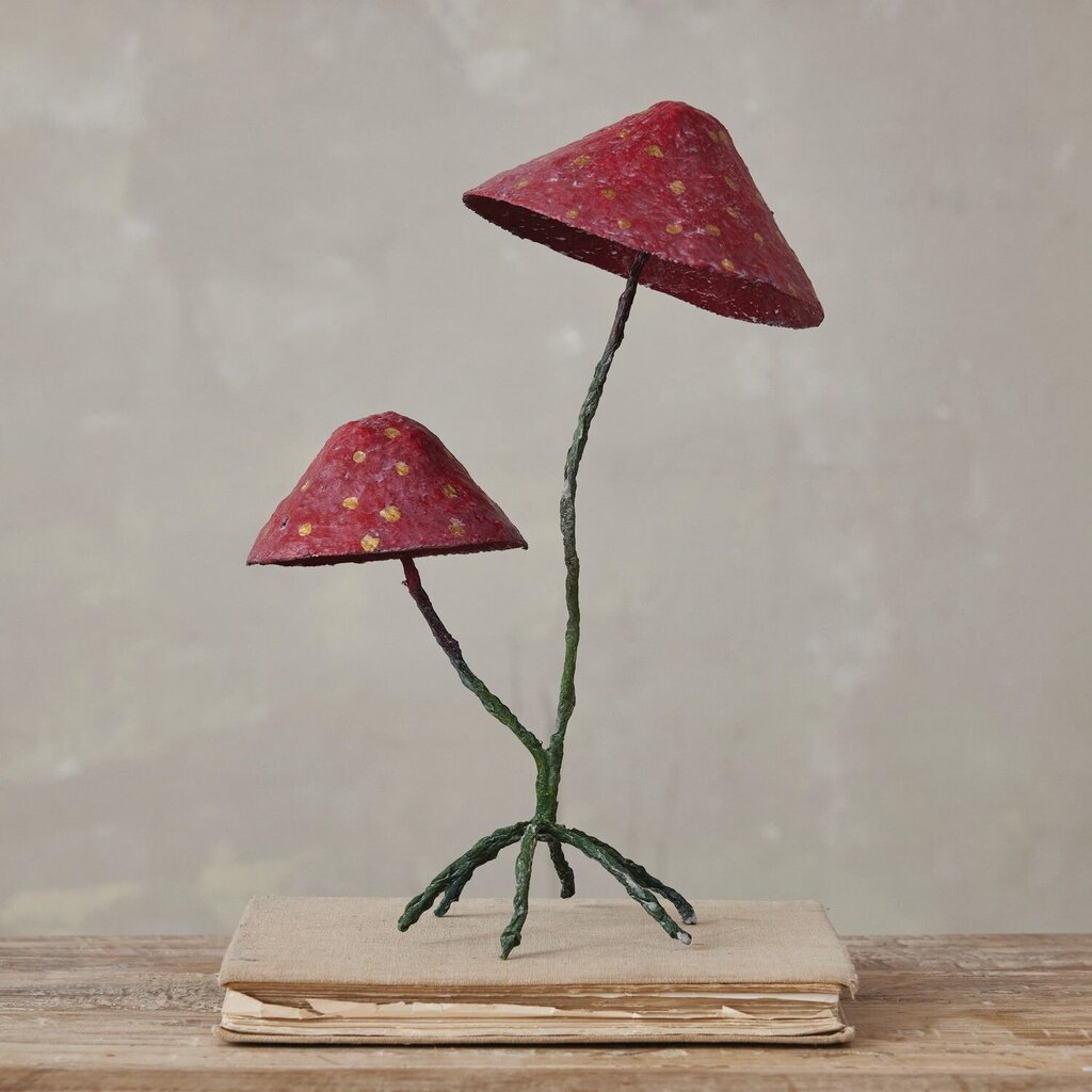 Paper Mache + Metal Mushroom on Footed Stand