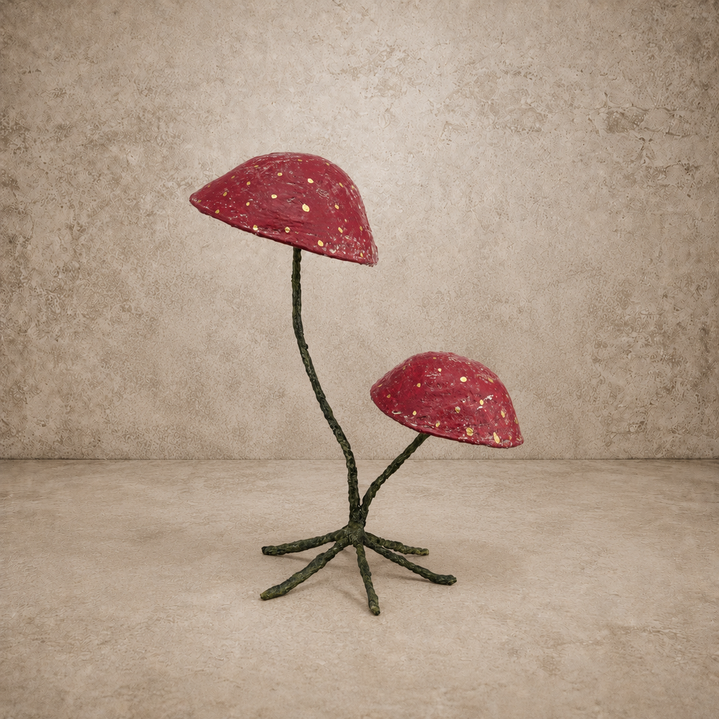 Paper Mache + Metal Mushroom on Footed Stand