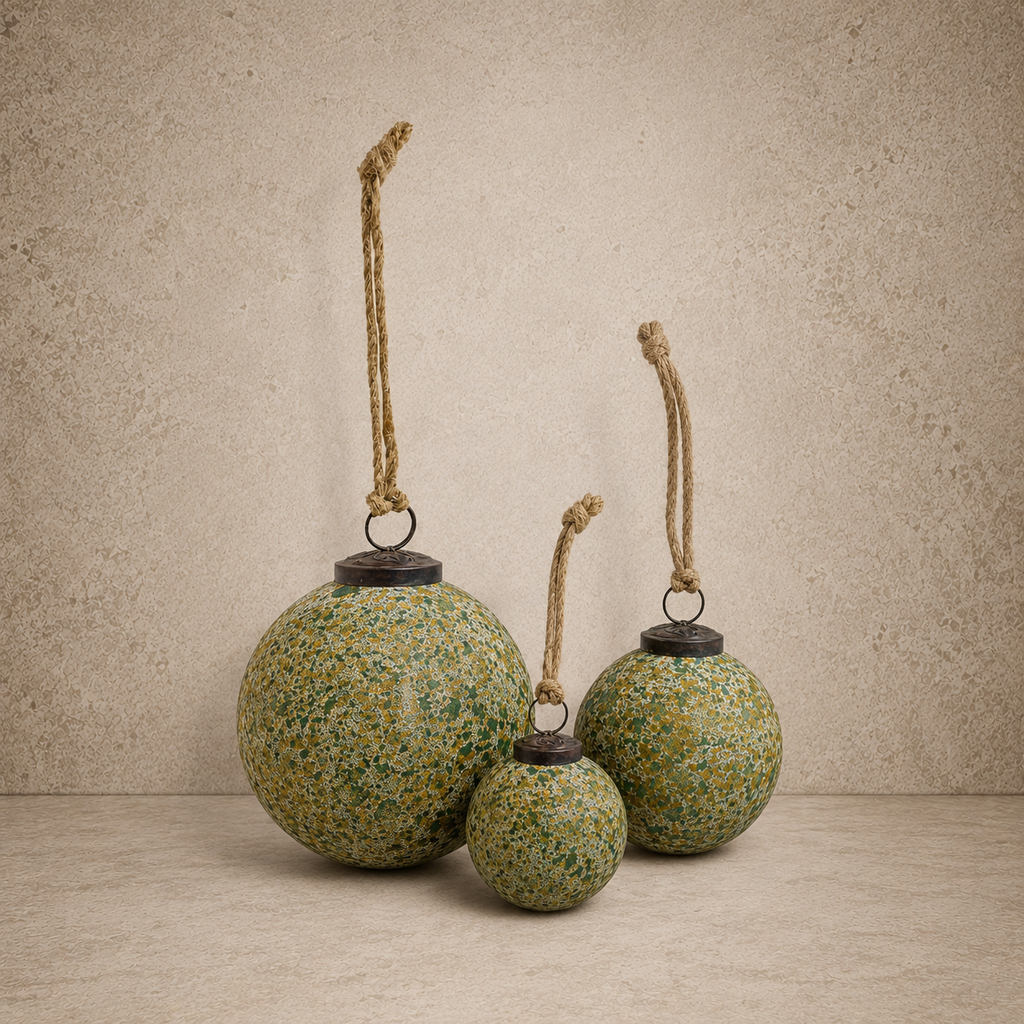 Distressed Green + Gold Glass Ball Ornament