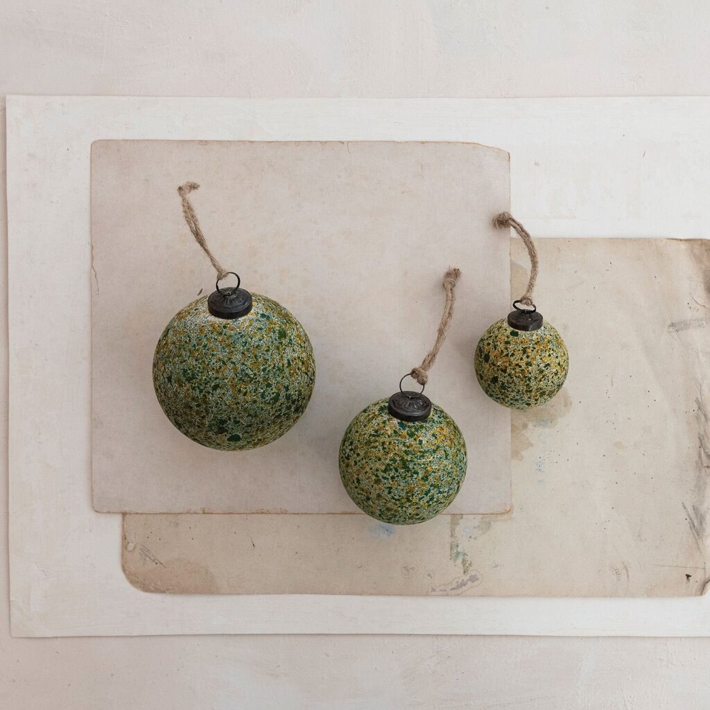 Distressed Green + Gold Glass Ball Ornament