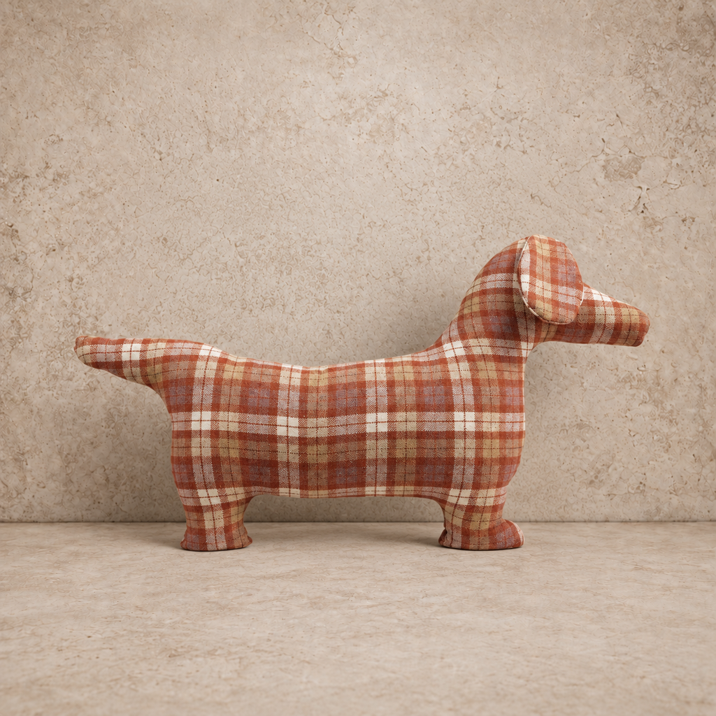 Orange Fabric Plaid Dog Shaped Pillow
