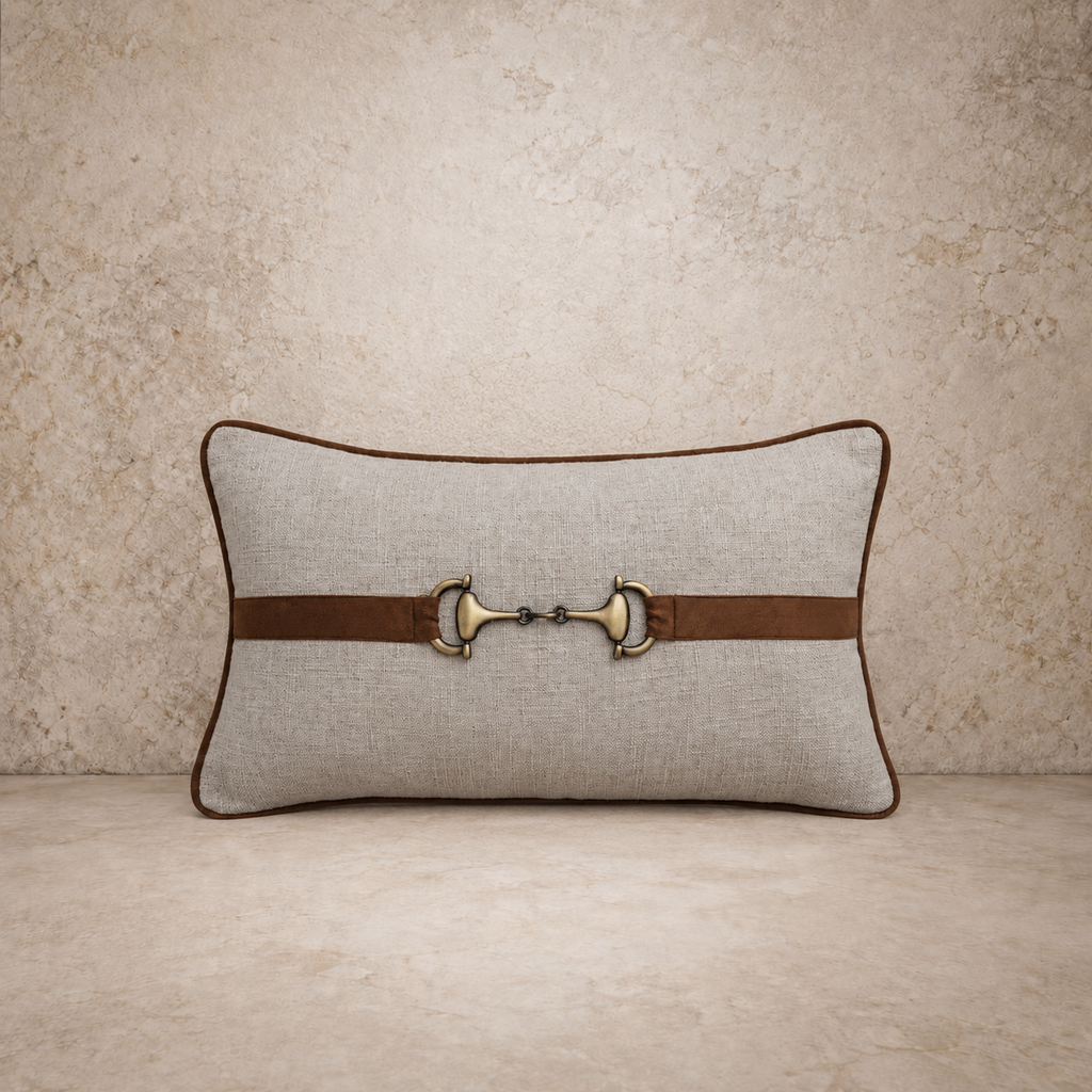 Linen w/ Faux Suede & Brass Accent Lumbar Pillow