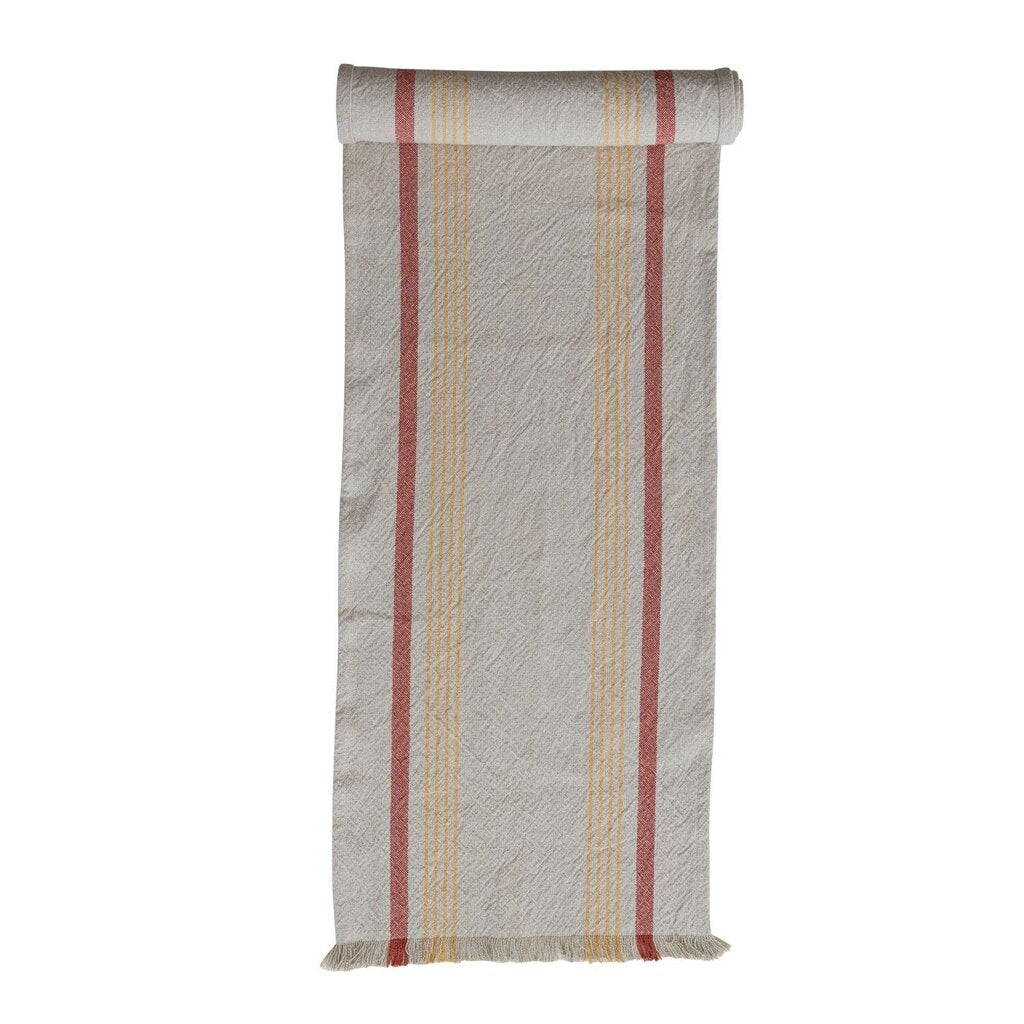 Woven Cotton Striped Table Runner w/ Eyelash Fringe