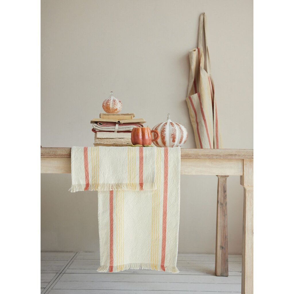 Woven Cotton Striped Table Runner w/ Eyelash Fringe