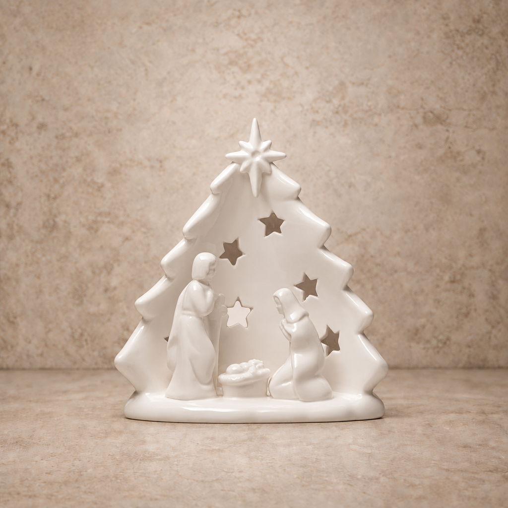 Stoneware Holy Family W/ Tree Cut-Out