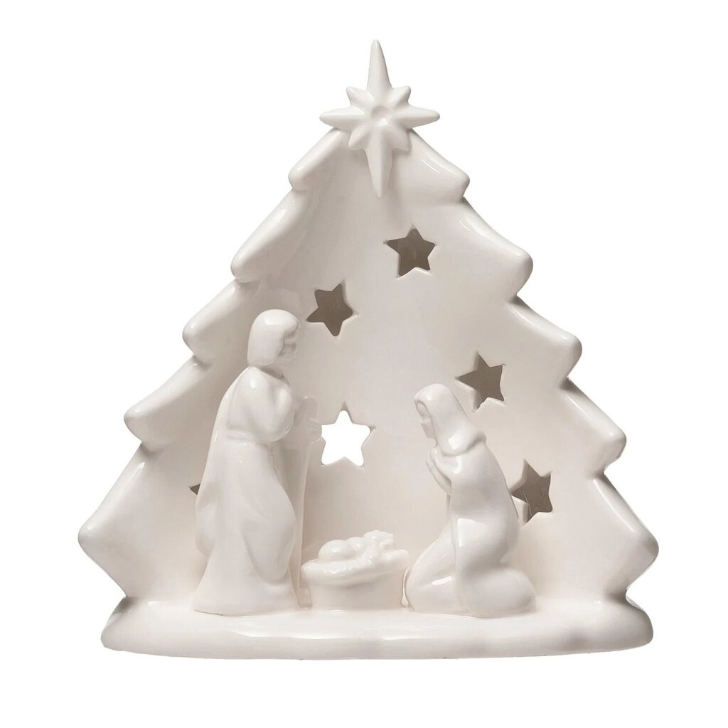 Stoneware Holy Family W/ Tree Cut-Out