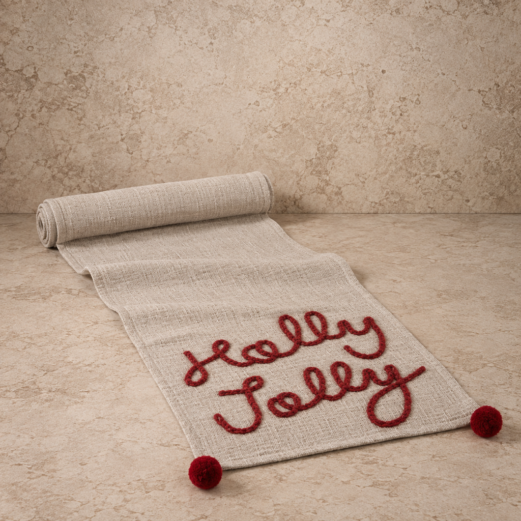 Holly Jolly Embroidered Table Runner w/ Pom Poms