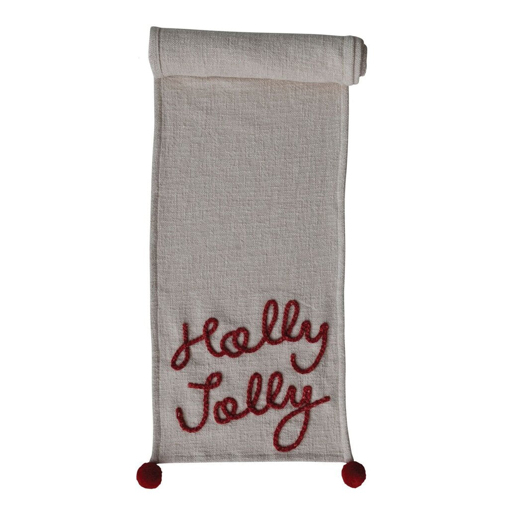 Holly Jolly Embroidered Table Runner w/ Pom Poms
