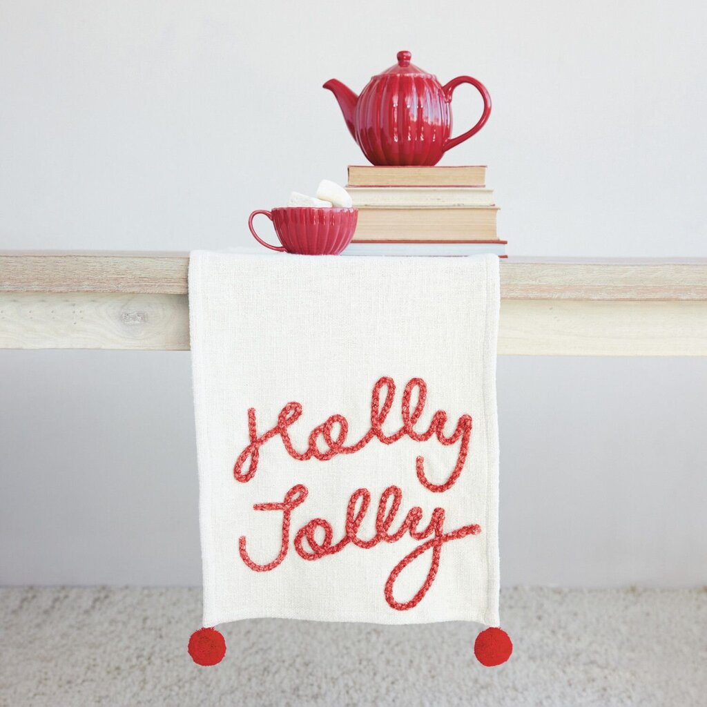 Holly Jolly Embroidered Table Runner w/ Pom Poms