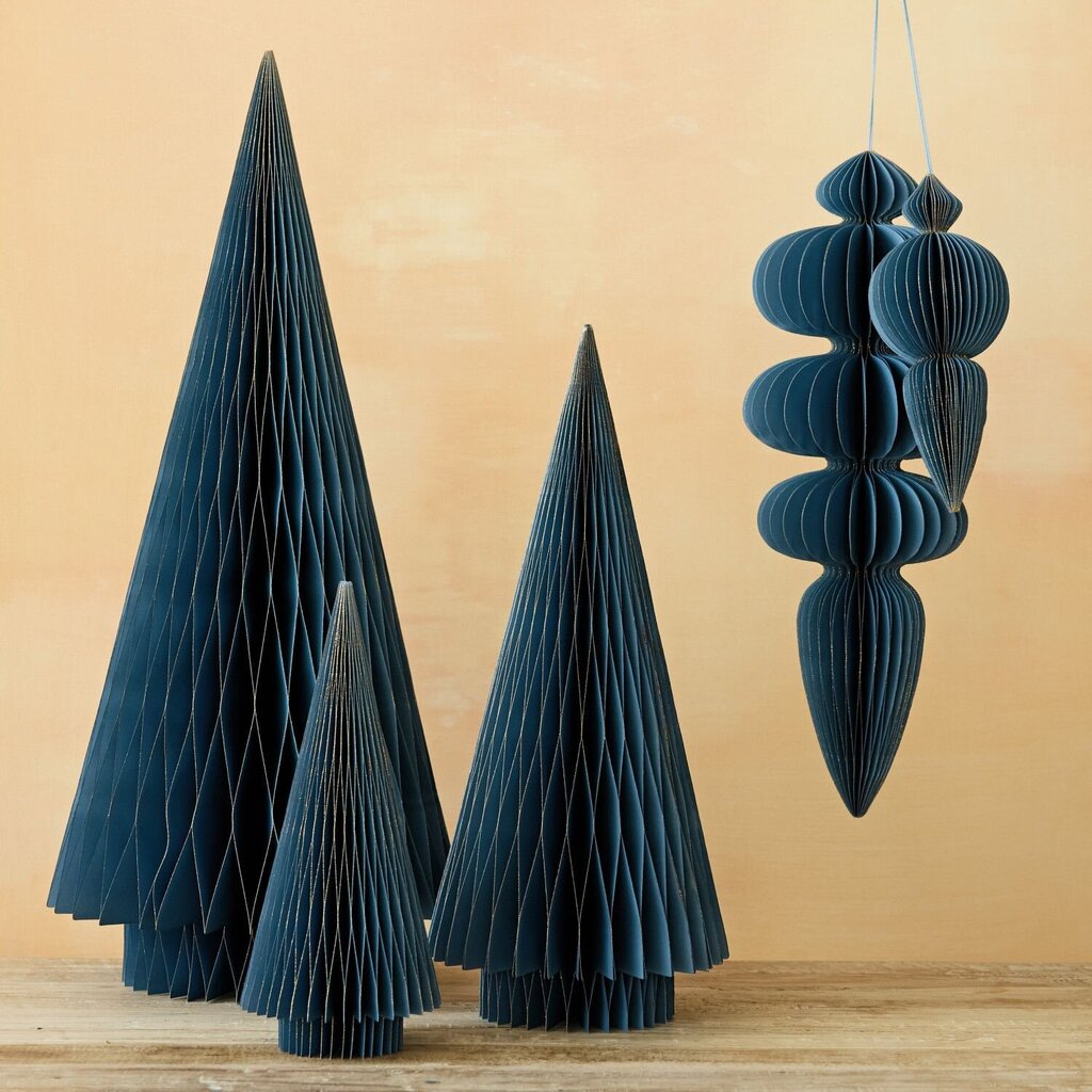 Blue Handmade Folding Honeycomb Finial Ornament w/ Gold Glitter Edges