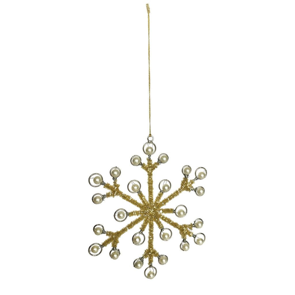 Gold Metal Beaded Faux Pearl Snowflake Ornament