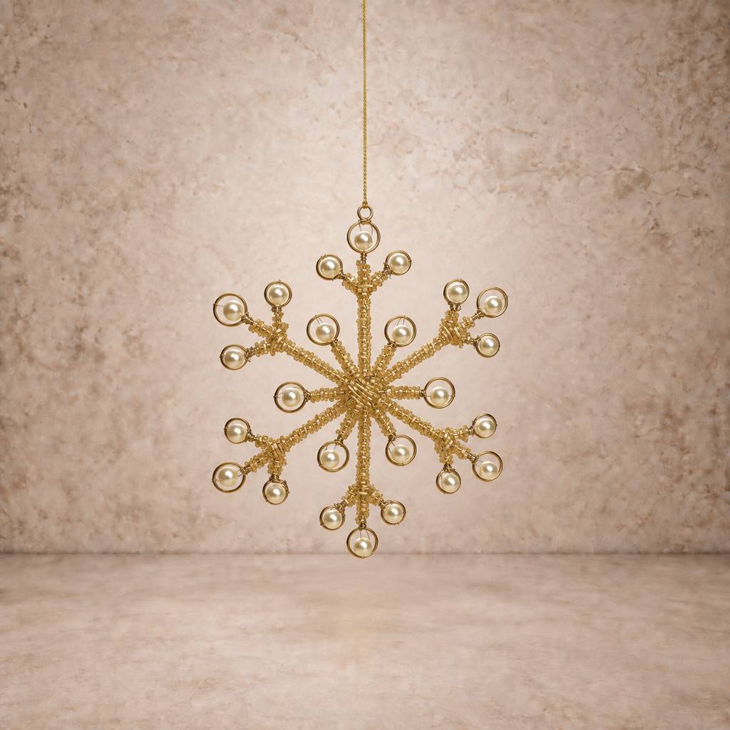 Gold Metal Beaded Faux Pearl Snowflake Ornament