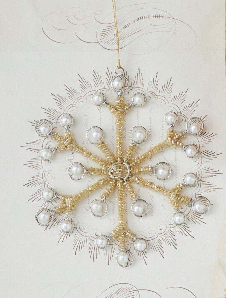 Gold Metal Beaded Faux Pearl Snowflake Ornament