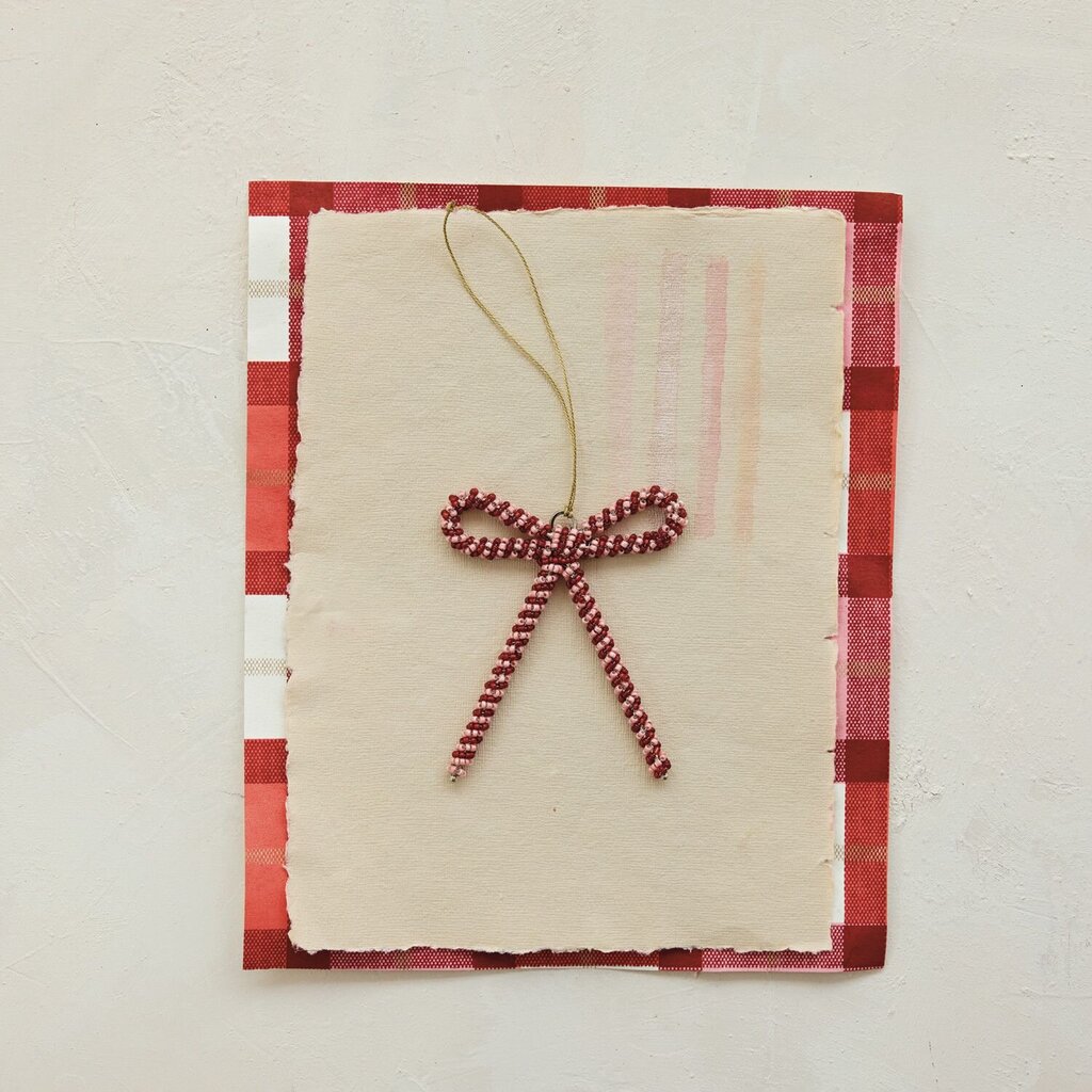 Glass Beaded Red & Pink Metal Bow Ornamnet
