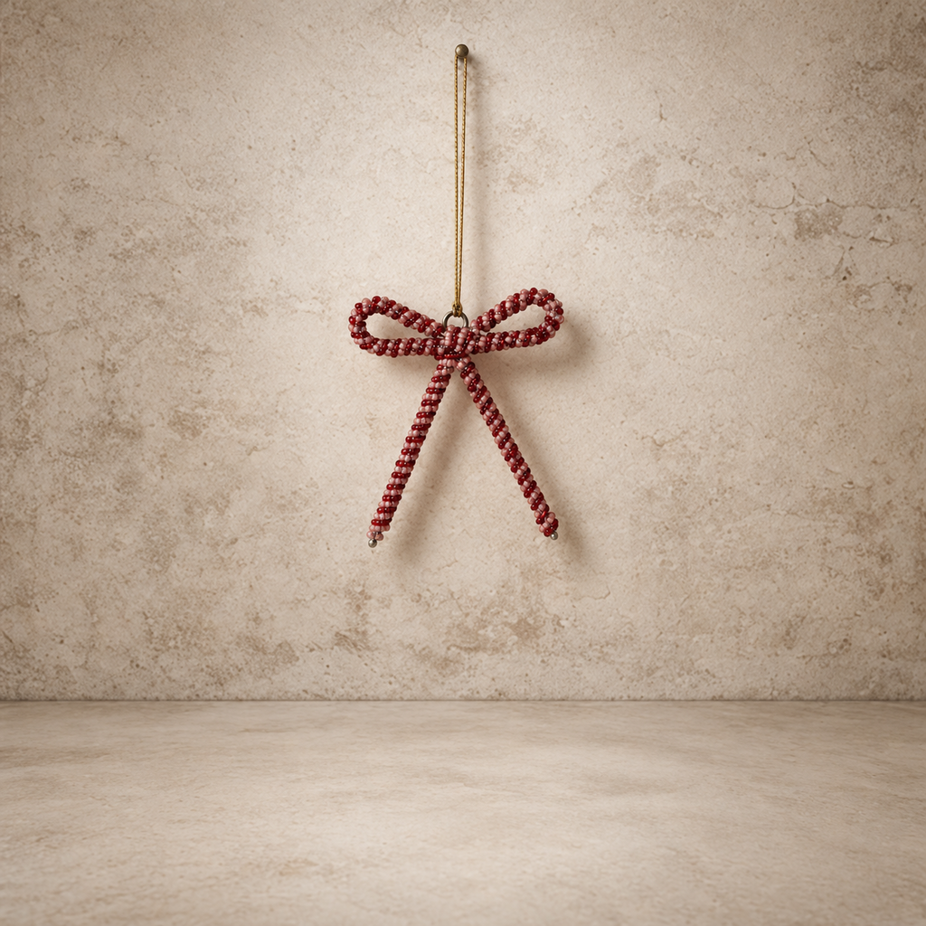Glass Beaded Red & Pink Metal Bow Ornamnet
