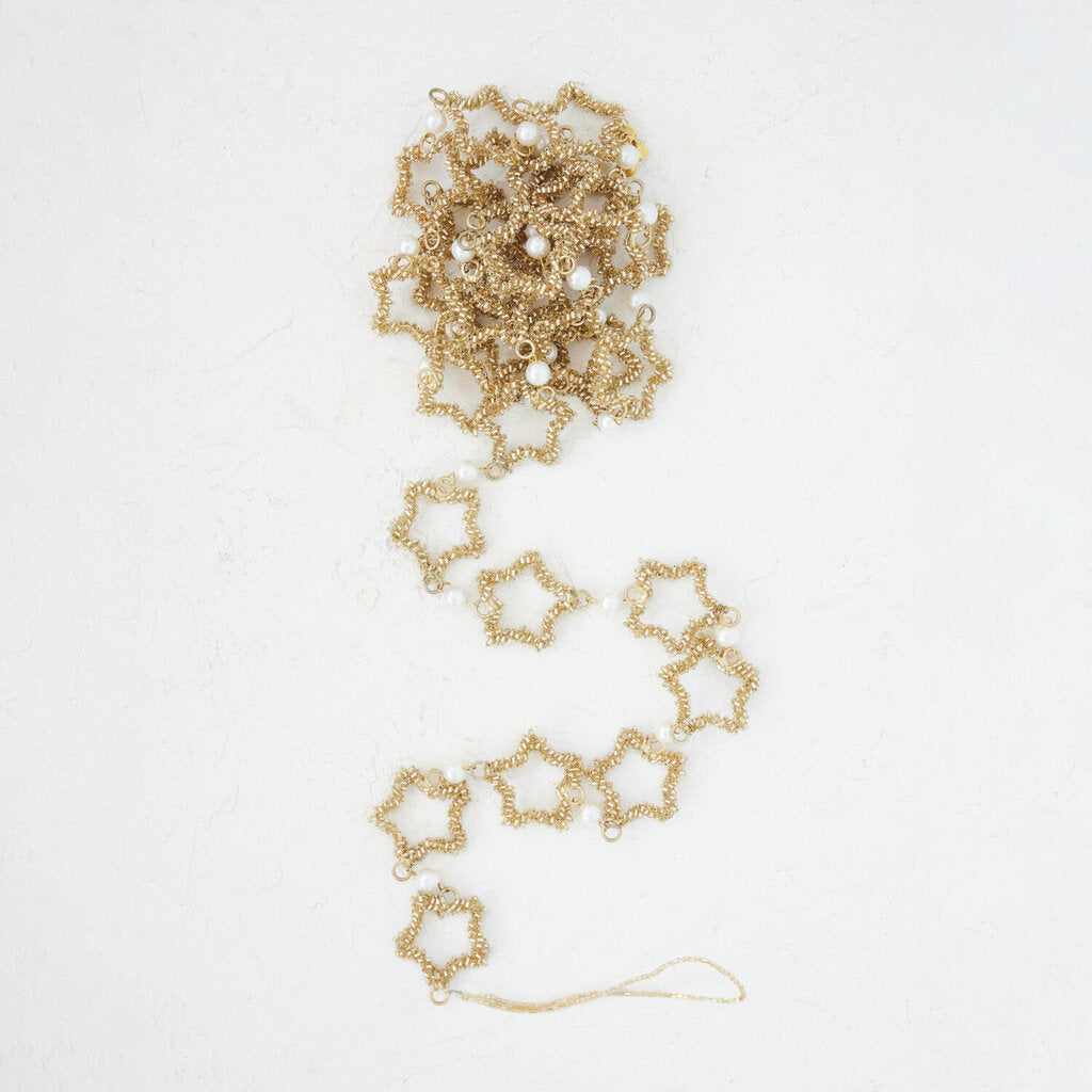 Gold Glass Beaded Hollow Stars Garland with Faux Pearls