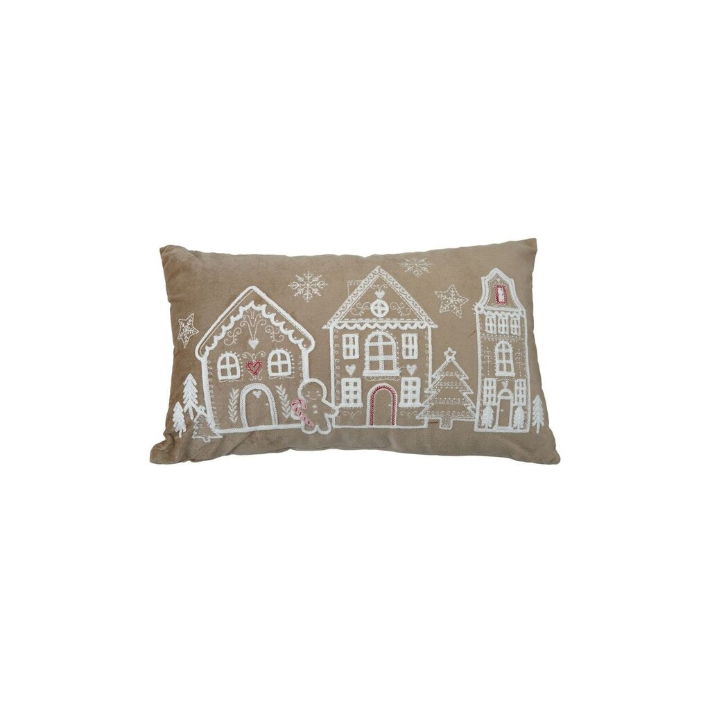 Velvet Embroidered Gingerbread Scene Lumbar Pillow- (19x11)