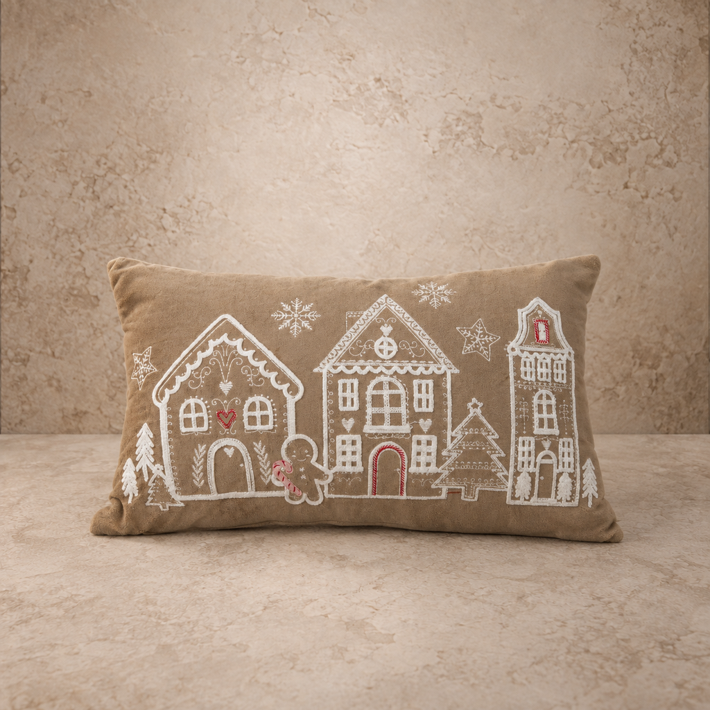 Velvet Embroidered Gingerbread Scene Lumbar Pillow- (19x11)