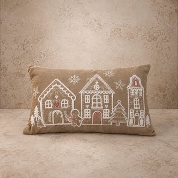 Velvet Embroidered Gingerbread Scene Lumbar Pillow- (19x11)