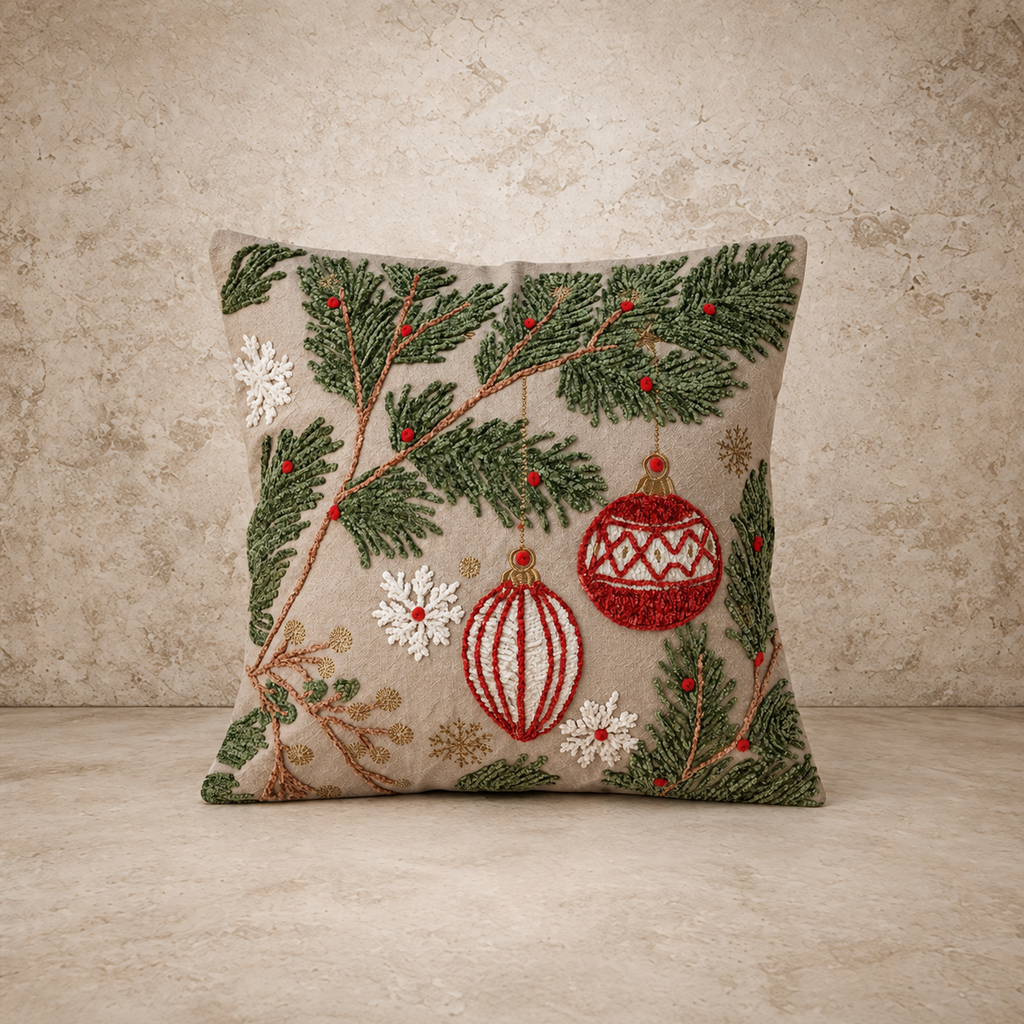 Pine Bough with Ornaments Pillow