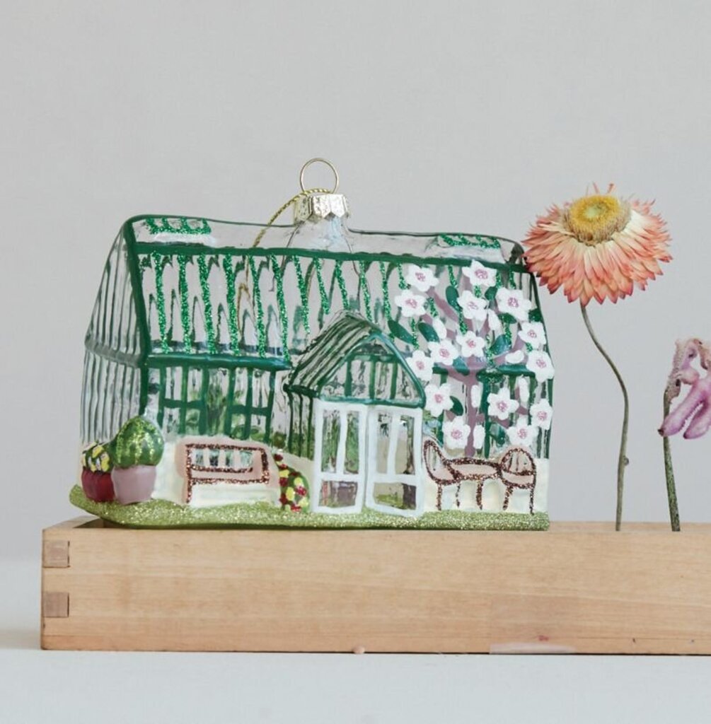 Hand Painted Glass Greenhouse Ornament w/ Glitter