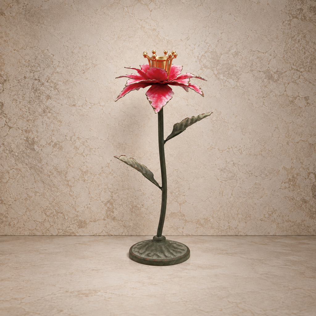 Pretty Red Metal Poinsettia Shaped Taper Holder