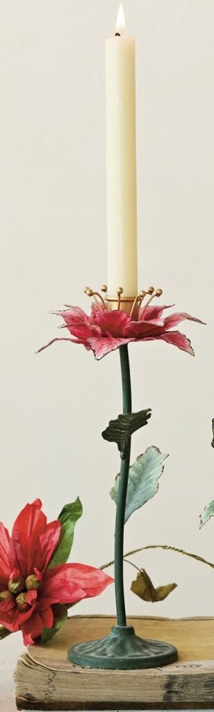 Pretty Red Metal Poinsettia Shaped Taper Holder