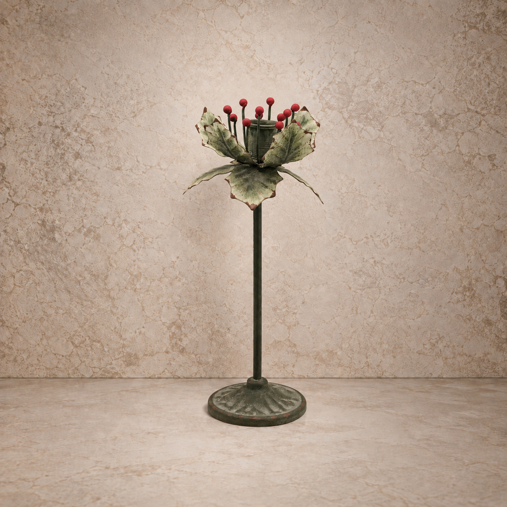 Green Metal Holly Leaf Taper Holder